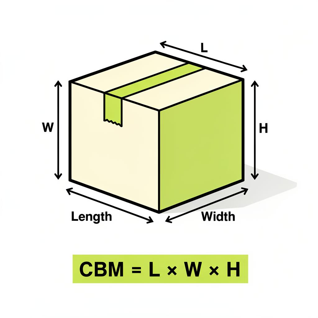 Cardboard carton with Length, Width and Height arrows labeled, and the formula CBM equals L times W times H shown below
