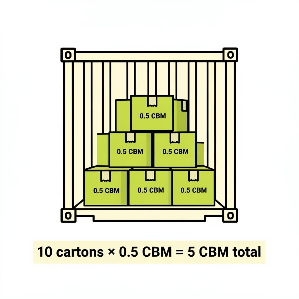 Multiple identical cartons stacked inside a shipping container, each labeled 0.5 CBM, with a total of 10 cartons equaling 5 CBM