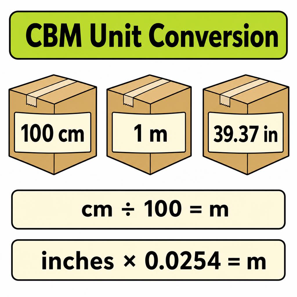 Three cartons labeled 100 cm, 1 m and 39.37 inches with conversion formulas cm divided by 100 equals m and inches times 0.0254 equals m