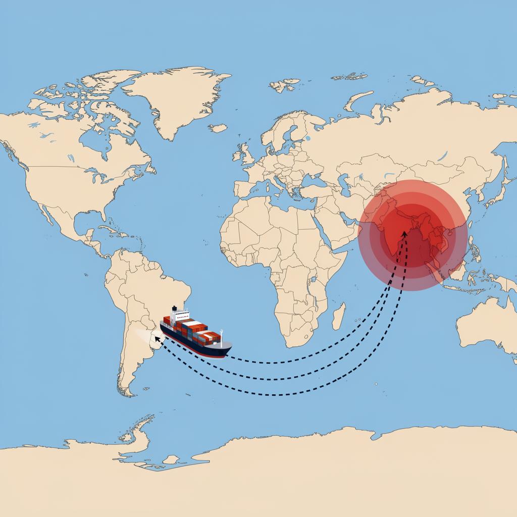 World map showing cargo ship rerouting around the Cape of Good Hope due to Red Sea conflict, war impact on shipping routes