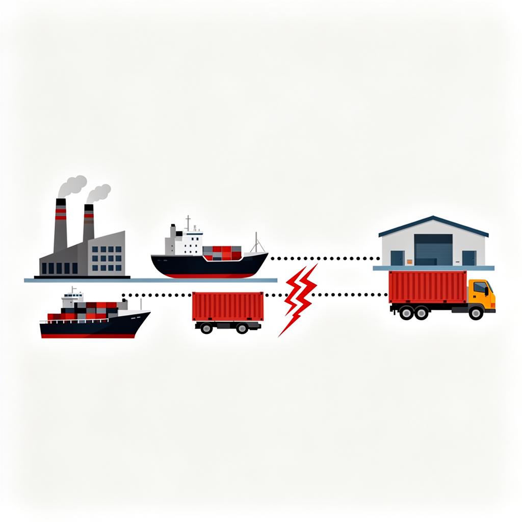 Flat illustration of broken global supply chain showing war impact on import export logistics